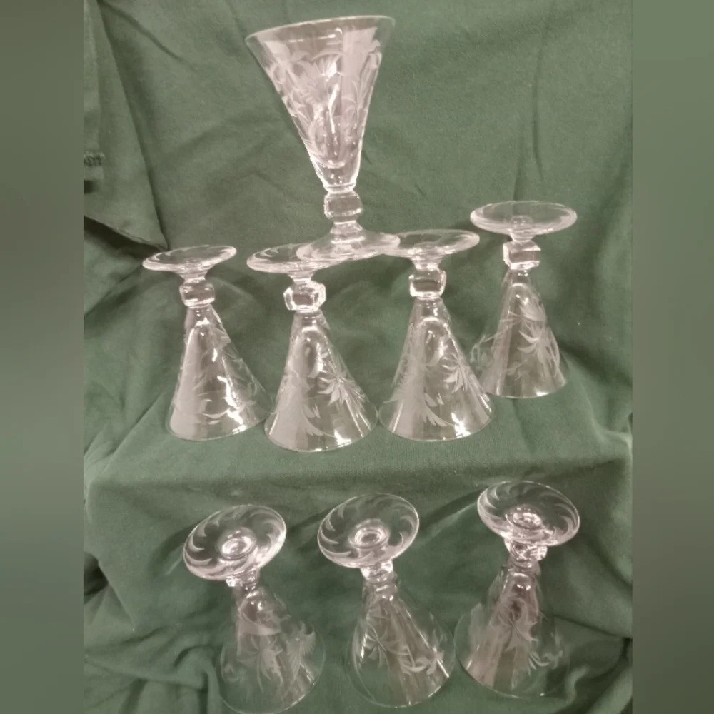 7 Vtg Duncan & Miller Crystal W/Frosty Etchings 2 oz Shot Stem Glasses
